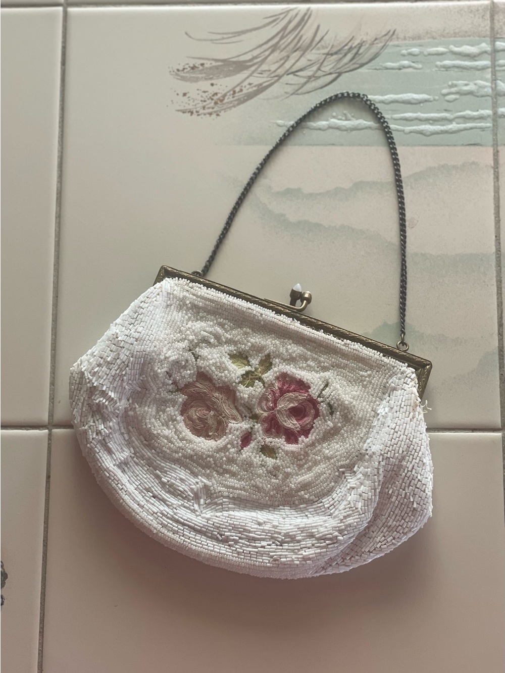 Vintage French White Beaded embroidered Floral with Pink Rose Detail